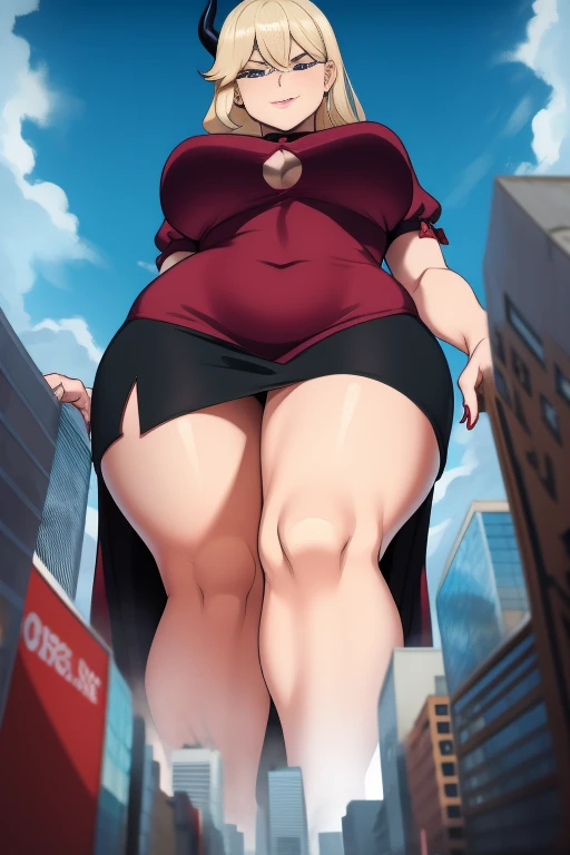 GTS, giantess in a bikini, curvy, busty, evil smirk, thick thighs, dominant stare, momo yaoyorozu (((my hero academia)))
