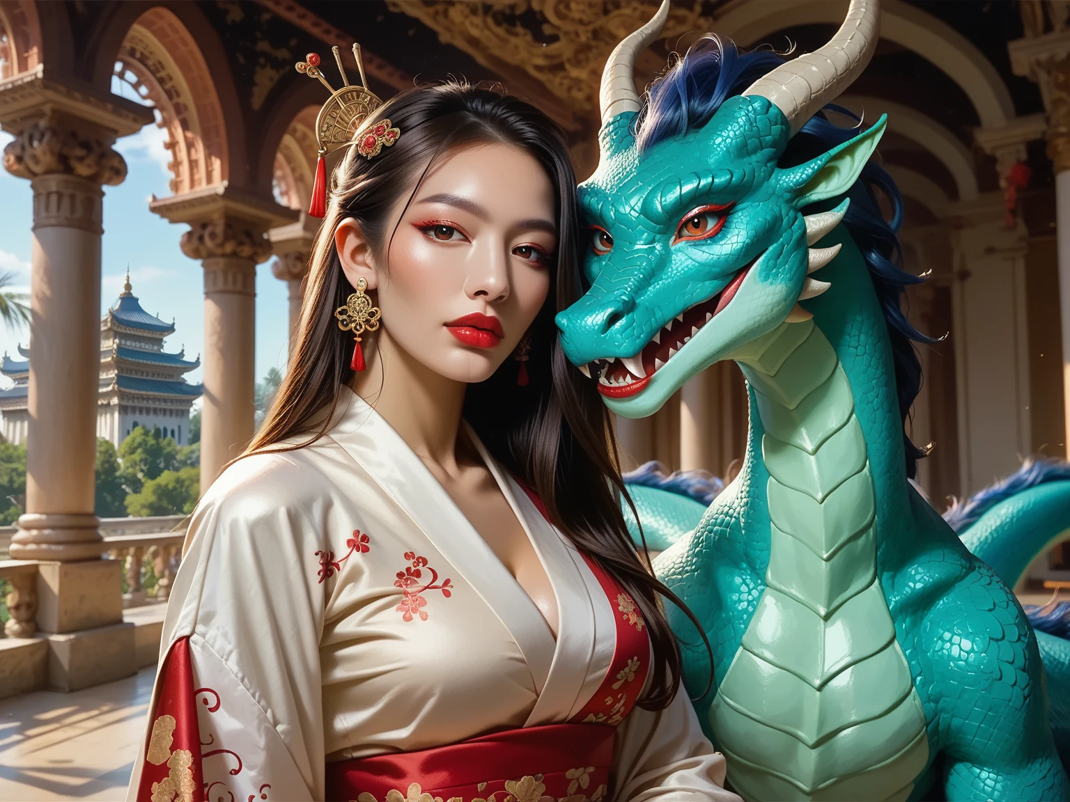 1 Girl, masterpiece, best quality, Make friends with the Chinese dragon, pleasure, Happy, bright, dragon,