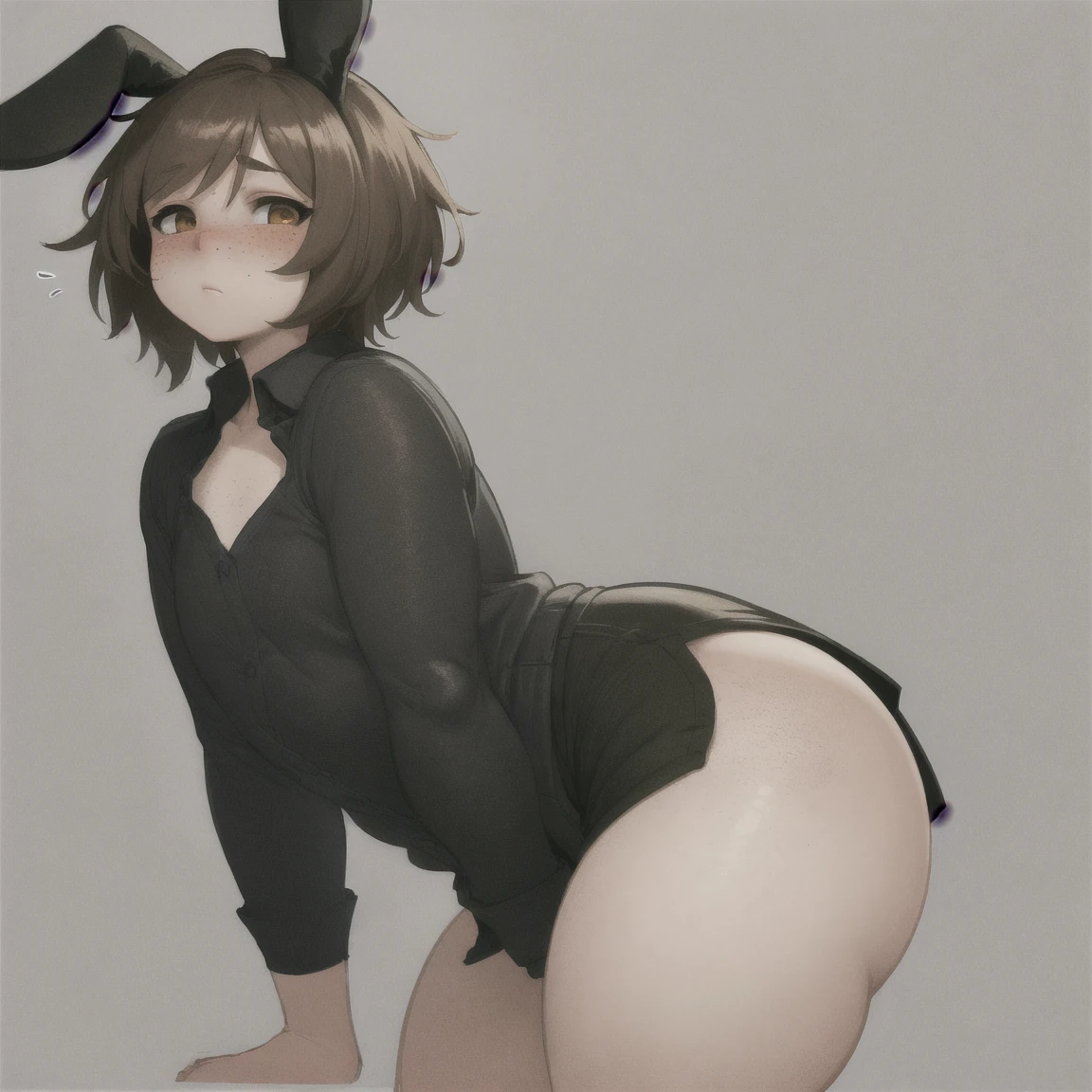 Himiko toga, smiling, full height, bent over, naked, yellow eyes with thin slit-like irises, (dynamic pose), look over shoulder at viewer from back, hands on waist, back view, skinny booty, short black socks, (bunny suit), naked ass, cum