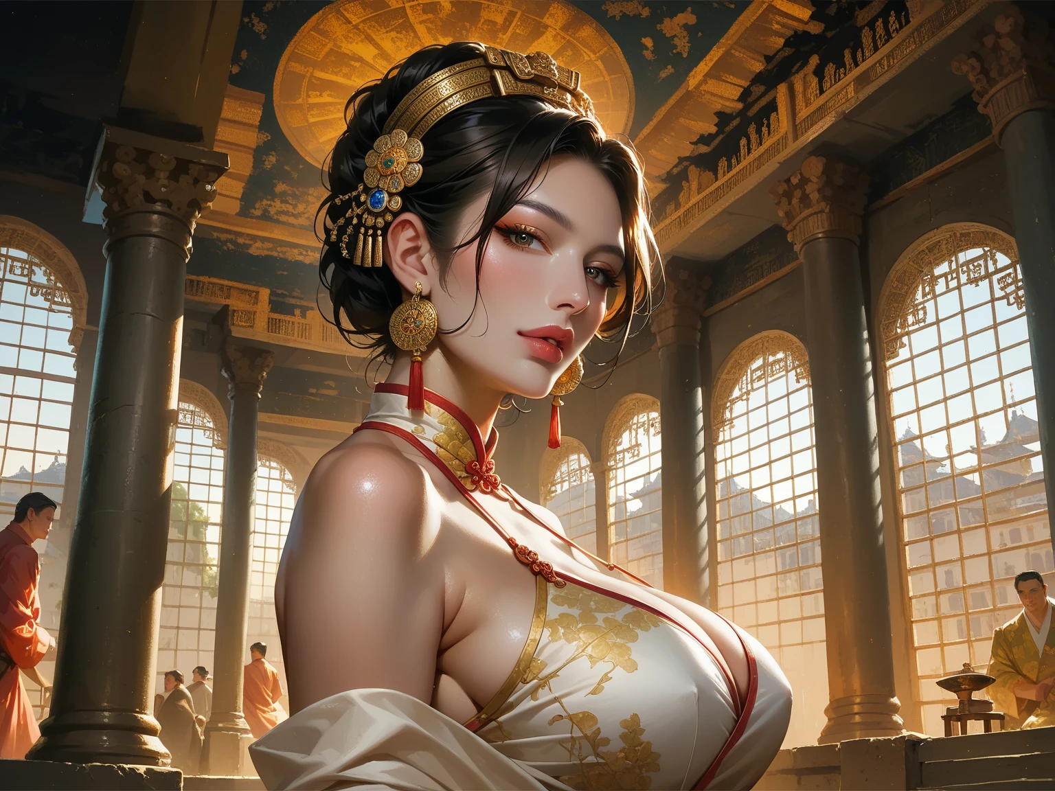 (((1girl:1.8))), ((gown:1.5)) ((off the shoulder)), style, (( red dress, gold details)), (Aletta ocean in gown), anime style, (((elf))) (((Victorian gown:1.5))) (((smoldering eyes))), ((Black hair:1.5)), ((hair in bun:1.5)), 8k, 4k, Unreal Engine 5, (gigantic breasts:1.3), octane render, trending on pixiv, ((dress:1.7)) ((intricate details on dress:1.4)), (((Thai dress:1.5))), fanbox, skeb, (((long sleeves:1.5))), masterpiece, ((glittered red gown:1.2)),(skindentation:1.4), ((decorated sleeve cuffs:1.3)), wide hips, (full lips:1.5), ((cleavage cutout:1.4)), (((boob spillage:1.2))), smooth soft skin, big dreamy eyes, beautiful anime wide eyes, soft lighting, concept art, digital painting,