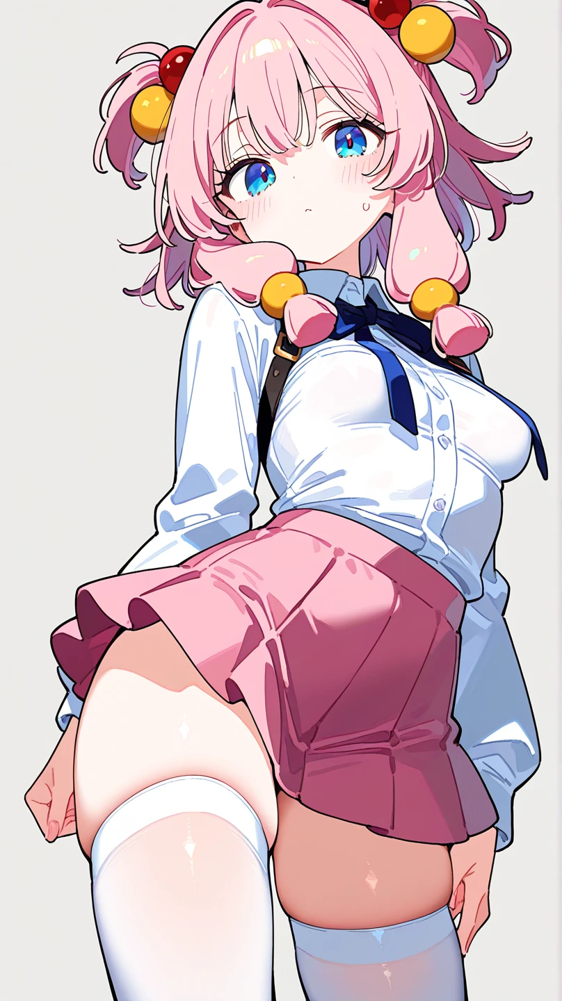 , ((High resolution)),masterpiece, high quality, 最high quality, beautiful, Perfect lighting, Detailed face, Very cute face, ((1 girl)), (Loli), Short pink hair, Orange Eyes, Embarrassed look, ((blush)), Looking at the audience, ((Wavy Hair))、Ahoge、:d、Hands on hips, Standing in the city, Daytime, Dress shirt, mini skirt, (Tight clothing), (Chubby), (Thigh height), (Wide Hips), ((Thick thighs)), Panty shot、Skirt flipped up by the wind、Light blue striped panties、Small breasts,Cleavage
