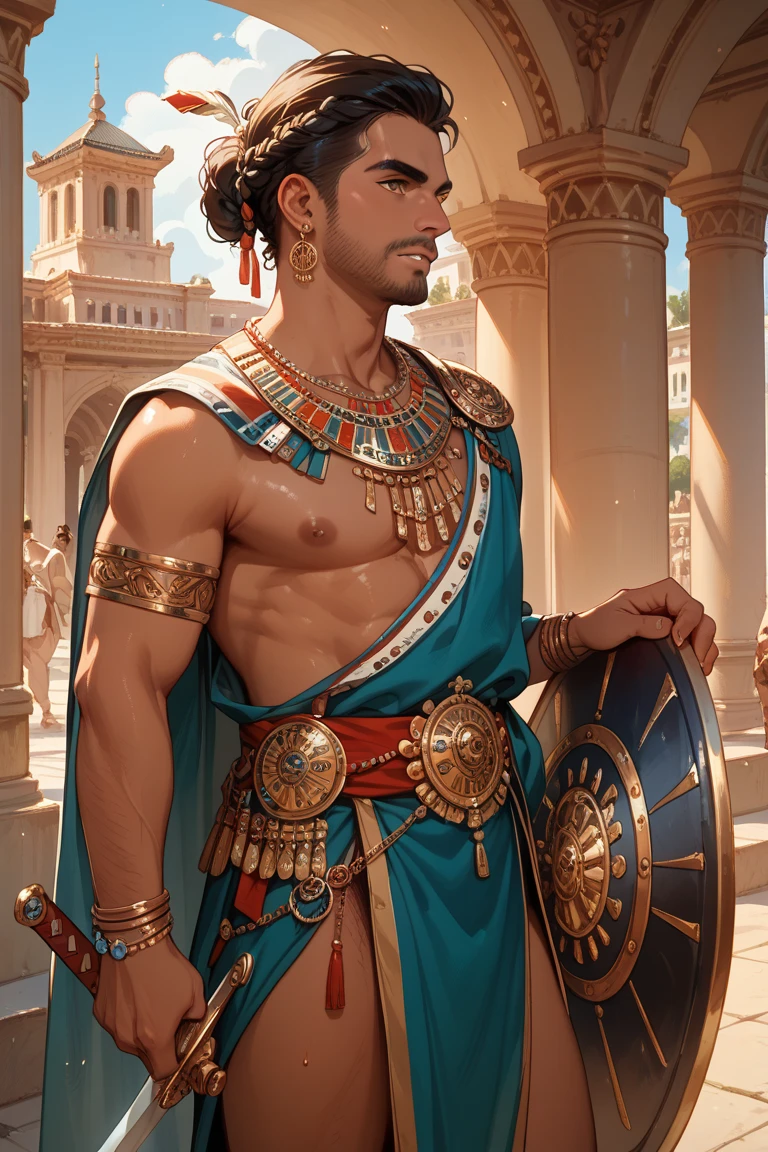 (man:1.5),1 man,male, muscle, 1 chico, muscle, pectoral, muscular, Mature man, 25 years,1 man,macho man,perfect body,an extremely delicate and beautiful detailed face,((by blond,cute hairstyle,short by blond)),(((blonde very short beard, blonde very short beard))), (((blue_eyes:1.3))),Intricate eyes,beautiful detailed eyes,symmetrical eyes,perfect face, cute hairstyle,perfect proportions, thick, ((detailed face)),macho man, (male Caucasian Prince),Prince, (((shiny skin:1.5,tanned skin,shiny skin: 1.5,tanned skin,shiny skin,very shiny skin,shiny body))),powerful,heroic,NSFW, Caucasian,elegant, (open to that, Arabic fashion,Arabic for that, Cowboys,White shirt, Masculine traits, modern style,Arabic clothing),(((blue toga, blue toga suit, wearing a blue toga:1.3,arab blue toga))),(arabic jewelry,Intricate necklace),((bulge in pants)),(((Intricate outfit,Intricate clothes,embellished suit))), (dynamic pose:1.0),ashamed,(centered,Scale to fit dimensions,rule of thirds), inside,interior,((room in a greek temple:1.3,columns of a greek temple:1.3)),scenery:1.25,((Intricate scenery)),((winter decorations)), (Bright winter decorations),High resolution,sharp focus,(ultra detailed,extremely detailed),(photorealistic artwork:1.37),(extremely detailed CG unity 8k wallpaper),(((vibrant colors,vibrant theme))),(Intricate),(masterpiece),(Best Quality),