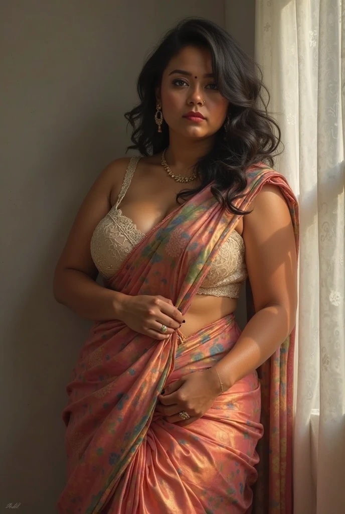Generate a high-quality, realistic image of a chubby fat kerala milf woman with a medium complexion and long, dark hair styled neatly. She is wearing a traditional Indian sari with a colorful design, featuring a green blouse that has a deep neckline, revealing some cleavage. The sari is draped in a way that reveals her midriff and navel. The blouse should be shiny and well-fitted, accentuating her figure. She should be adorned with intricate gold jewelry, including large jhumka earrings, multiple bangles on her wrists, and a maang tikka on her forehead. A small bindi should be placed on her forehead. She should have a confident and graceful expression, standing in an indoor setting with warm, ambient lighting that highlights her features. The background should include elements of a traditional Indian interior, adding to the authenticity of the scene."