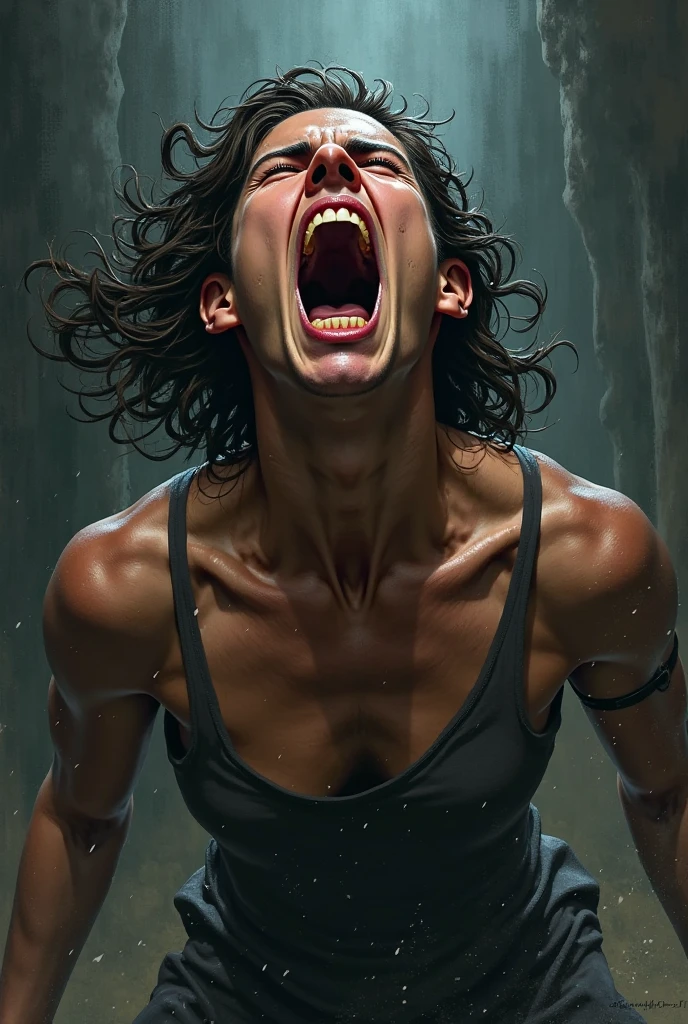Female Pinhead from Hellraiser, perfect body, full body shot, skin-tight BDSM bodysuit, chains, black leather, sexy look, small breasts, flat chest, ((screaming)), ((mouth wide opened)), eyes closed, slim, thin waist, thin thighs, thin arms, lots of bloody piercing, scorched skin, blood, bruised, inferno, hell, extrem pain
