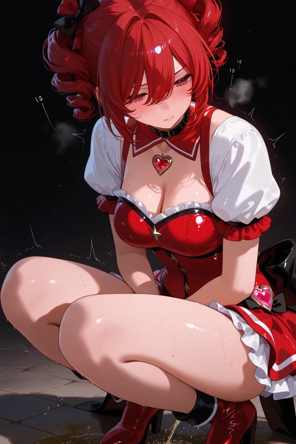 weird atmosphere, (best quality:1.1), (masterpiece:1.2), high quality shadow, beautiful detailed, (high detailed skin, skin details), (wide landscape, 8k), depth of field, highres, best illumination, (sexy), outdoors, blurry background, HD hair, beautiful face, perfect skin, red hair, long hair, (big breasts), blood particles, (night), sharp teeth, glowing red eyes, blood on face, blood on clothes, blood splashing, female knight dying in the war fields, white dress, leavage, stocking, high heels, kneel pose, close to viewer, gripping blue flame sword, in the grassland, foggy, wet body, wet hair, hair fluttering, bare shoulder, blue flame, explosion