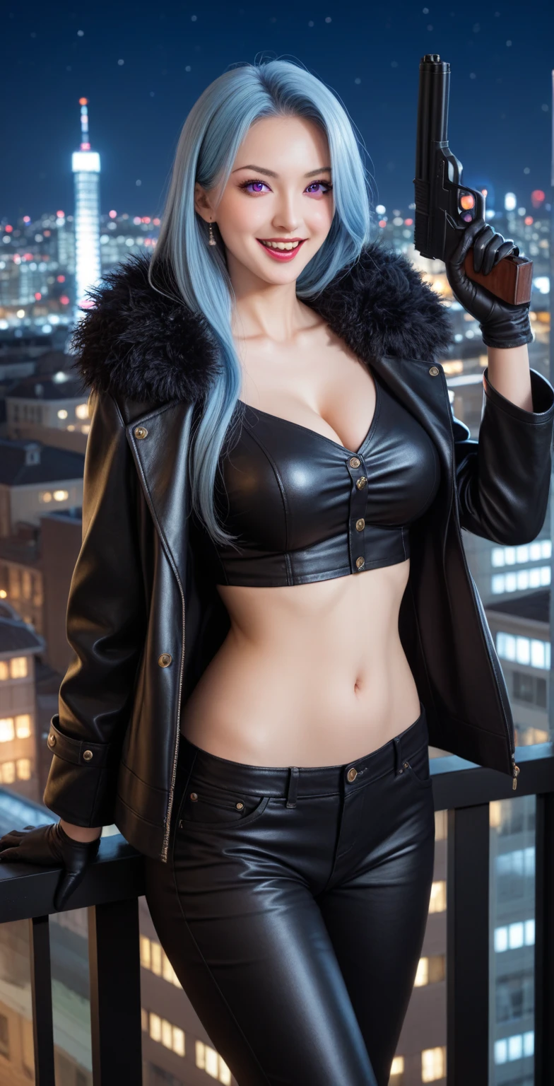 (Browsing Caution:0.8),(((Highest quality: 1.4))),(An unparalleled masterpiece), (Ultra-high resolution),(Ultra-realistic 8K CG), Official Art,(((Large Breasts))), (((Adult body))), (((Girl in a sexual position))), , Punk girl with a perfect body, Metallic Spine Jacket,Beautiful and well-groomed face,,Detailed punk fashion,leather jacket, (Head to thigh image),(( Silver Hair, length )), small leather panties, Simon Bisley'Urban Brutalist Style,London detailed street background,Beautiful Abs, Complex graphics, Dark pink and white stars、Grey and white striped poison tattoo )),
