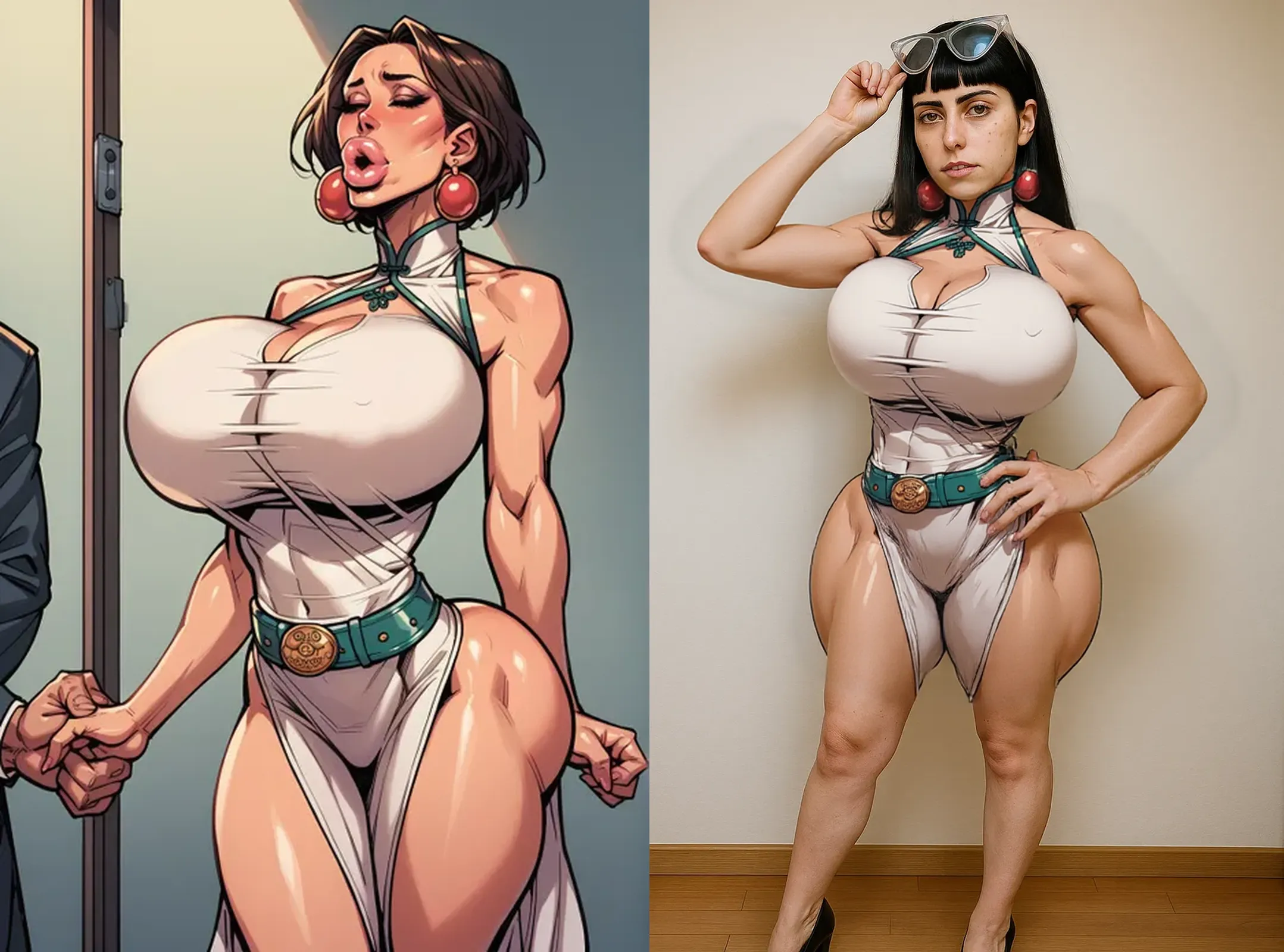 ((masterpiece)),(((best quality))),((full body view)) ((native american girl)), (1girl), ((solo woman)), defined cheekbones, high cheekbones, illustration, native girl, (((huge muscles))), ((buckskins:1.4)), sexy bimbo, ((gigantic breasts:1.7)), black hair, ((detailed face:1.4)), beautiful woman, (native:1.4) (ribbon dresses:1.3) , shiny skin, scribbles and marks,(puffy lips:1.4) , rough sketches, pose, 8k,16k, ( background, white background: 1.3) beige color palette, brown legs, brown arms, brown face