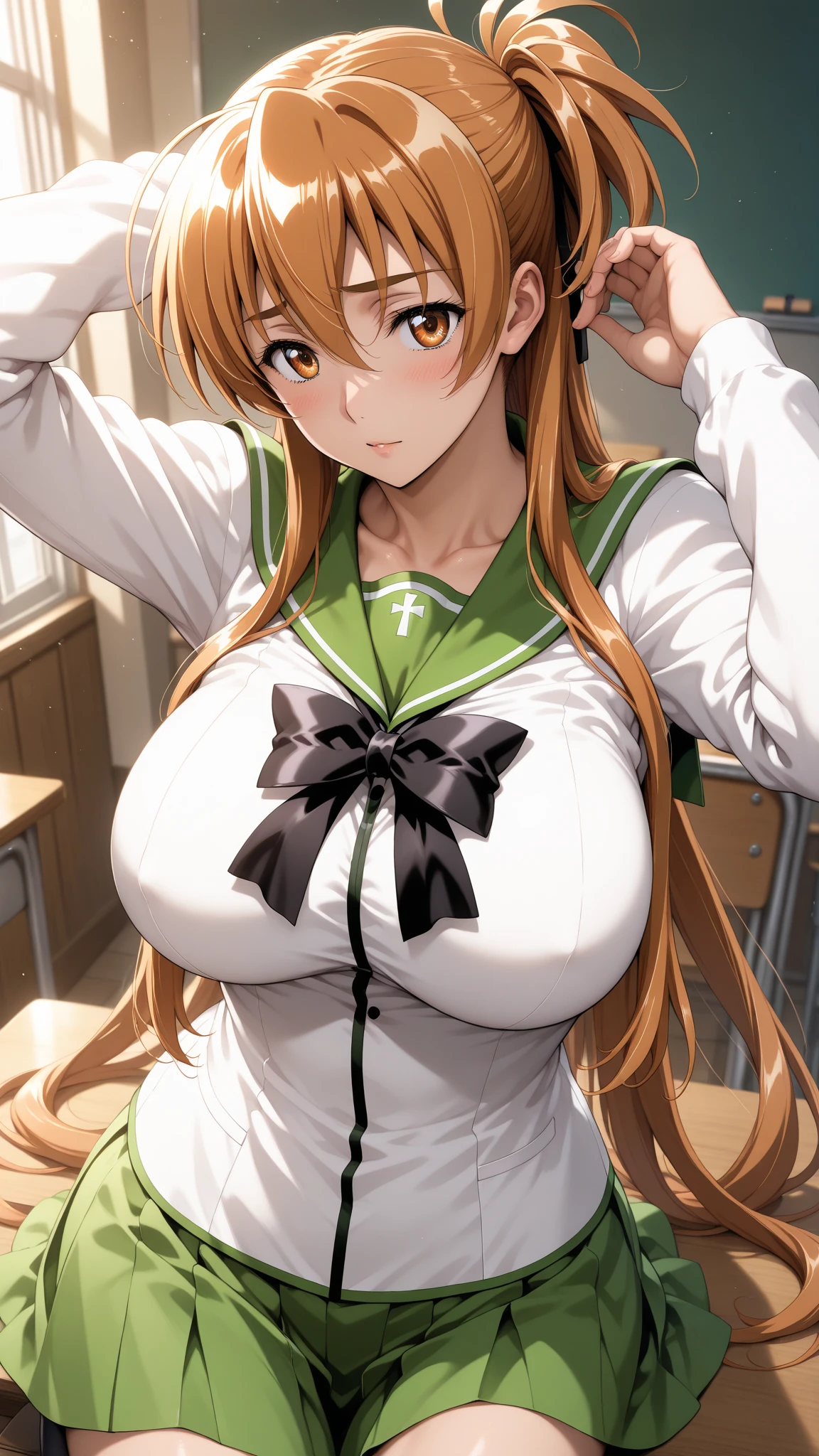 miyamoto rei, school uniform, white shirt, green skirt, masterpiece, best quality, highly detailed, massive breasts, bedroom, lay on bed, blushing, ,breath, ????,, scared, shy, 4K, 8K, PERFECT EYES, PERFECT FACE, LIPS