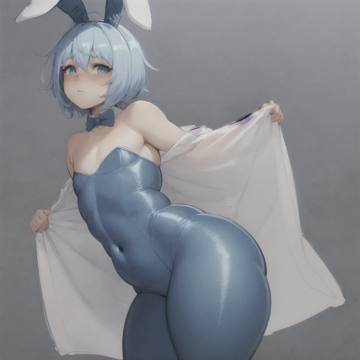 1woman, pale white skin,(white leotard), white short hair, mushroom hat, chubby figure, from behind pov