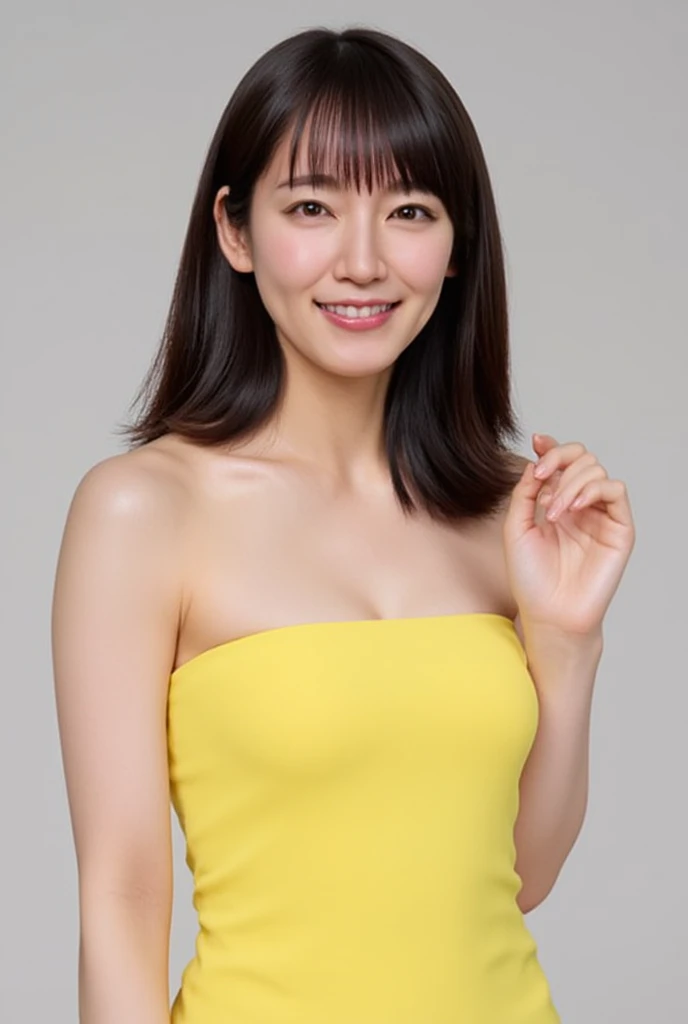 High resolution, Highest quality, Only One Woman, One Face, bust, Beautiful woman, Very sexy body, Big breasts looking straight into the camera, Gaze looking at the camera, Sexy look, Hold your chest between your arms to create cleavage, chest closer, Beautiful clavicle, Beautiful belly button, Coquettish smile, Smile, Cute expression, Mouth closed, Skin luster, Big eyes, Pupil highlights, Transparent double eyelids, eyelash, Long neck, Beautiful clavicle, Beautiful Short Hair, Shiny black hair, bangs, Pure white, no background, Listen carefully, Random Color Swimsuit, Attractive swimsuit, Very small swimsuit, Swimsuits that seem to be visible but invisible, share, mischief body, transformation, mischief, My cheeks turned a little red, Embarrassing, Laugh shyly, sun Apply oil to the skin, Gloss for lips, Overwhelming charm, Unparalleled transparency, Transparent charm, Long neck, gloss in the mouth, Apply oil to the skin, Listen carefully, Golden ratio face, Golden ratio body, White skin、Whip and candle in hand、