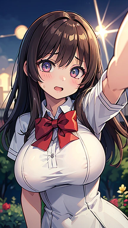 ((mesa, Best Quality, High resolution, NffSW, pixel perfect, 4k, NffSW, NffSW))), 1 girl in, single, Alone, beauty、full body seen、 ((Long shiny straight hair, hits, For the blue, with a ponytail and a red ribbon in her hair)), ((with purple eyes, Beautiful eyelashes, realistic eyes)), ((detailed face, blush:1.2)), ((Smooth texture:0.75, realistic texture:0.65, photorealistic:1.1, cg anime style)), big breasts, dynamic angle, perfect body, ((red bow tie, School uniform, black jacket, open jacket, brown cardigan, White shirt, black skirt, plaid skirts)), city staircase、Looking up from the bottom of the stairs.、Very embarrassing panic smile., turned around、bending forward、Touch the buttocks with both hands、round butt tits, perfect curves.