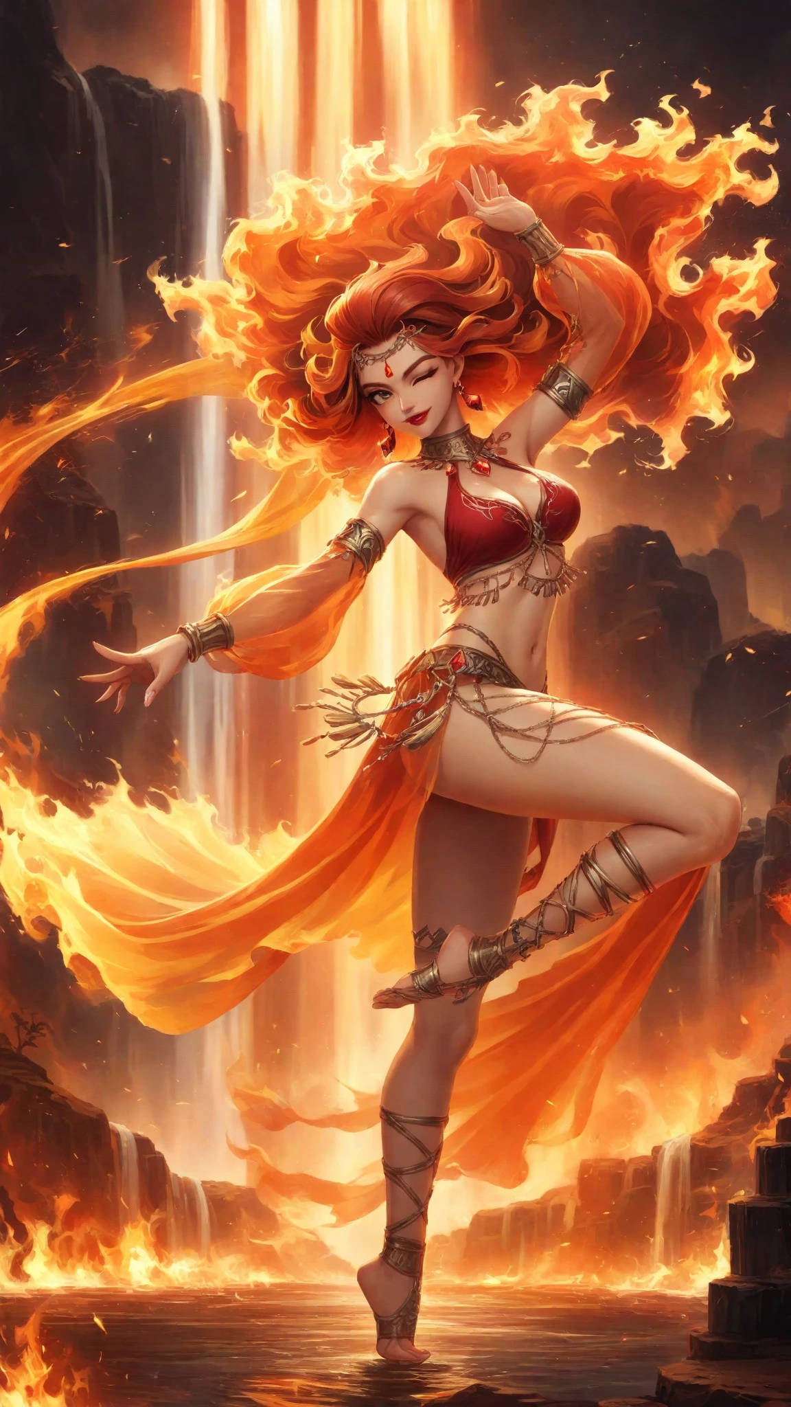 ((full body)), (((head to toe))),  beautiful blushing slender Bride of fire with chignon ginger, against fire flame background, fire brassiere, loincloth, garnet necklace, garnet tiara, fire veil, (((American comic style with dark contours))), (((art by J. Scott Campbell)))