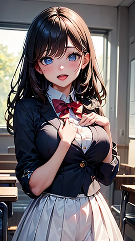 Masterpiece ,best quality , high resolution , (1 girl solo:1.38) , (yukino yukinoshita, black hair, blue eyes, long hair, ahoge) , (cleavage:1.1) , (big breast:1.06) , (blazer, cardigan, jacket, plaid skirt, school uniform, skirt, high school uniform ) , (face view , look at view ) , ( windows , indoor , classroom , table ) , (standing , thighs ) , (cowboy_shot) , (smile , open mouth full face blush , shy )