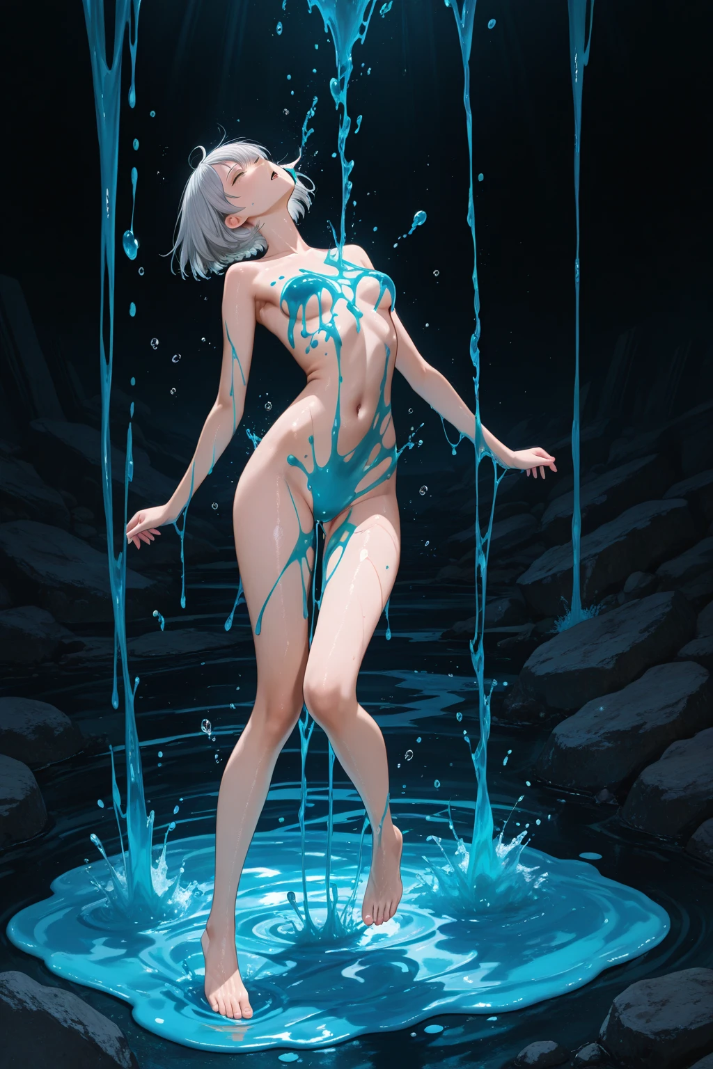Official art, masutepiece, Sharp Focus,(masutepiece, side lights, Beautiful Eyes of Details: 1.2), 3D Face, Realistic, Perfect face, Absolute resolution, High resolution, Texture, (masutepiece: 1.5), (Best Quality), 8K, (Beautiful Face and Eyes in High Resolution), (girl with), (Slime Girl, Bad girl: 1.5), (metallic silver Skin, Colored skin, completely nude: 1.5), (Lotion Girl, Liquid girl, Melting Girl, liquid body, melting body, Mercury Girl:1.5), (Attacking:1.5), Spiky ears, (Oily skin, slender, Long breasts, Gooey breasts, Huge breasts:1.5), Full body, Evil smile, Open mouth, (Thick eyebrows: 1.3), thin hip, Bare legged,(black sclera eyes:1.3), Silver hair, (Midnight, classroom:1.5), (metallic silver Skin:1.5), (corruption, turn evil, spread legs:1.5), Detailed legs, Detailed sole, Many lotions ,(back, back shot, all fours, beautiful sole, beautiful hip, scat, poop, defecation:1.5)
