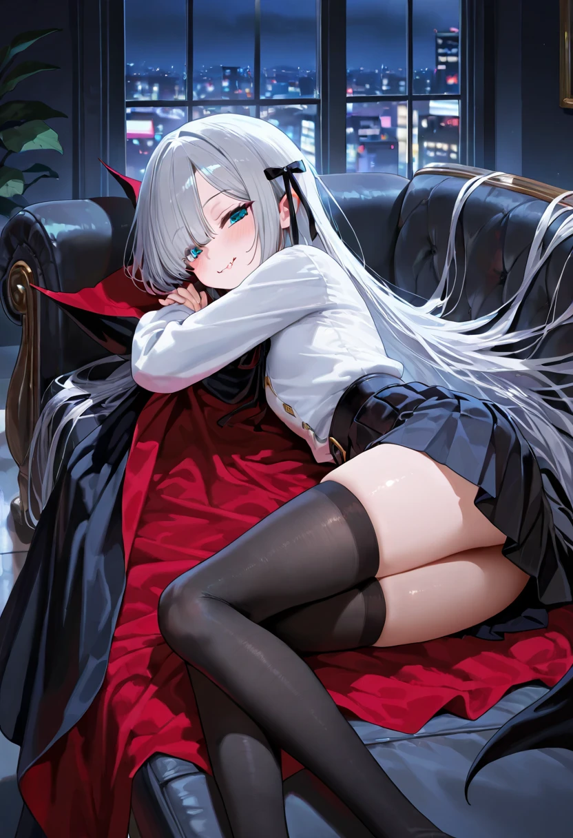 ((Masterpiece, Best quality))++, Detailed light+,  Detail hair+, detail hand+ ,1girll, woman, Long hair,  dark red eyes,  Beautiful eyes, 20 years old, white hair, (Beautiful white hair:1.5), (Beautiful detailed eyes), high resolution+,  Masterpiece, Reflective eyes,  {{Angle}} , extremelydetailedwallpaper, Original, full body view ,Bedroom, upper legs, stars in the sky, Black thigh boots, lace-up boots，Gothic_Lolita，Normal legs, revealing panties，Shoulders exposed, smile, shy, trying to be seductive but a little embarrassed, flirty