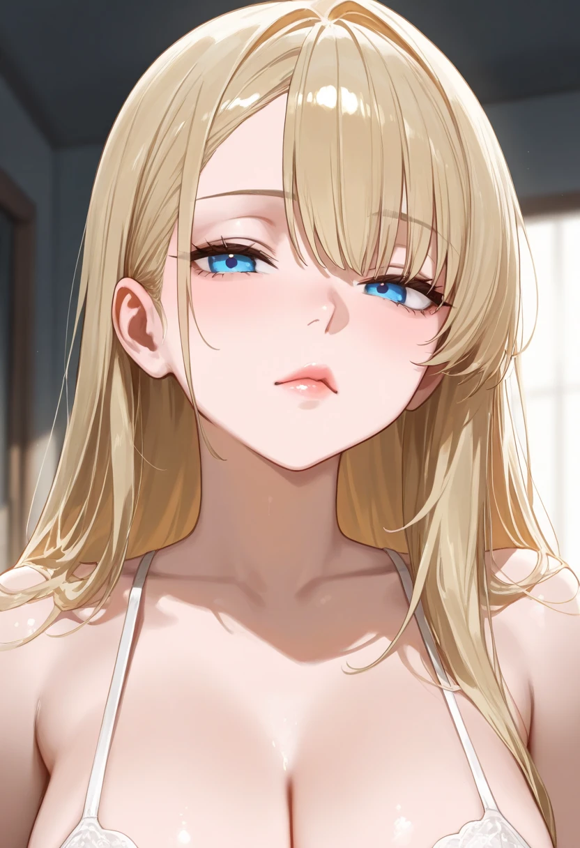 ((masterpiece, highest quality, High resolution, UHD, perfect pixel, Depth of bounds written, 4K, rtx, HDR))), 1 girl, single, alone, beautiful anime girl, beautiful art style, anime character, ((long hair, parted bangs, blonde hair)), ((blue eyes:1.4, round eyes, realistic eyes)), ((eyelash, ultra-detailed eyelash, smooth eyelash)), ((detailed face, blush:1.2)), ((smooth texture:0.75, realistic texture:0.65, realistic:1.1, Anime CG style)), big breasts, dynamic angle, perfect body, ((Sit on the bed and spread your legs wide)), ((Completely naked、navel piercing、pubic hair NSFW)), ((embarrassed expression)), ((lying on the bed in the bedroom)), dimly lit bedroom、night