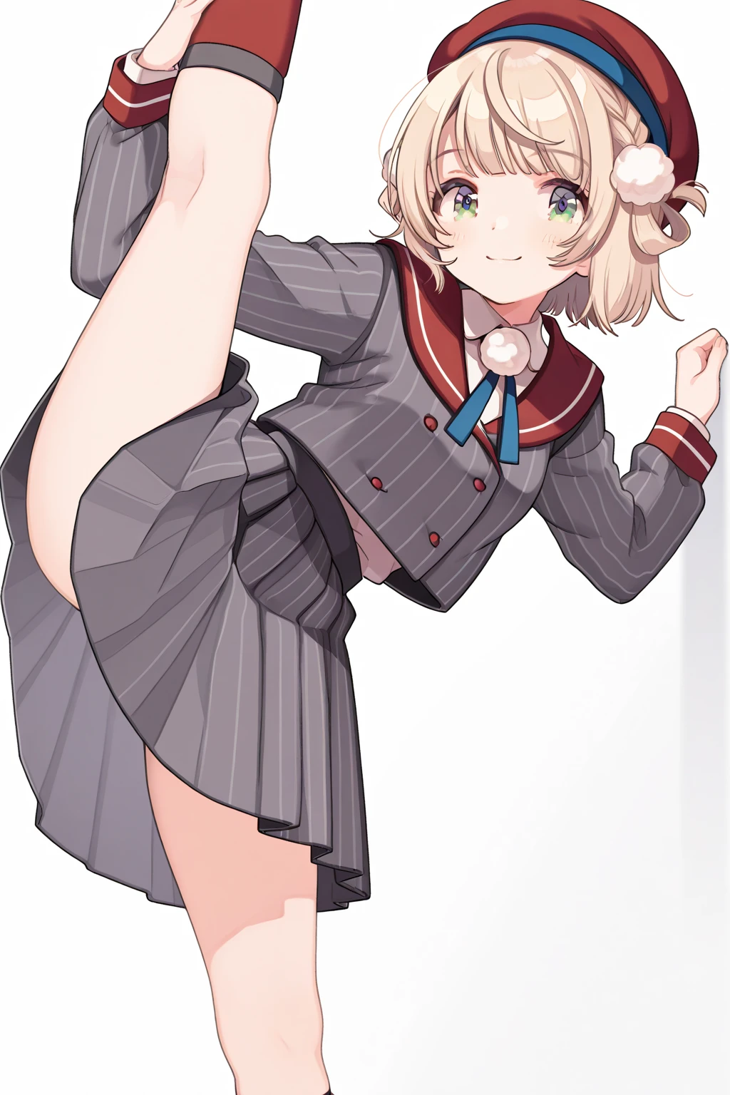 1girl, evil neuro-sama, (yuzu modoki), red eyes, light brown hair, ahoge, two side up, hair ribbon, dark red ribbon, heart hair ornament, black dress, frilled dress, off-shoulder dress, bare shoulders, frilled choker, long sleeves, red bow, red buttons, black heart, black socks, frilled socks, grey footwear, loafers, (masterpiece, best quality), highly detailed, finely detailed, wet, looking at viewer, see-through dress, covered nipples, underwear, cleavage, collarbone, from below, simple background, stomach, split, standing split, standing on one leg, dress lift, upskirt,