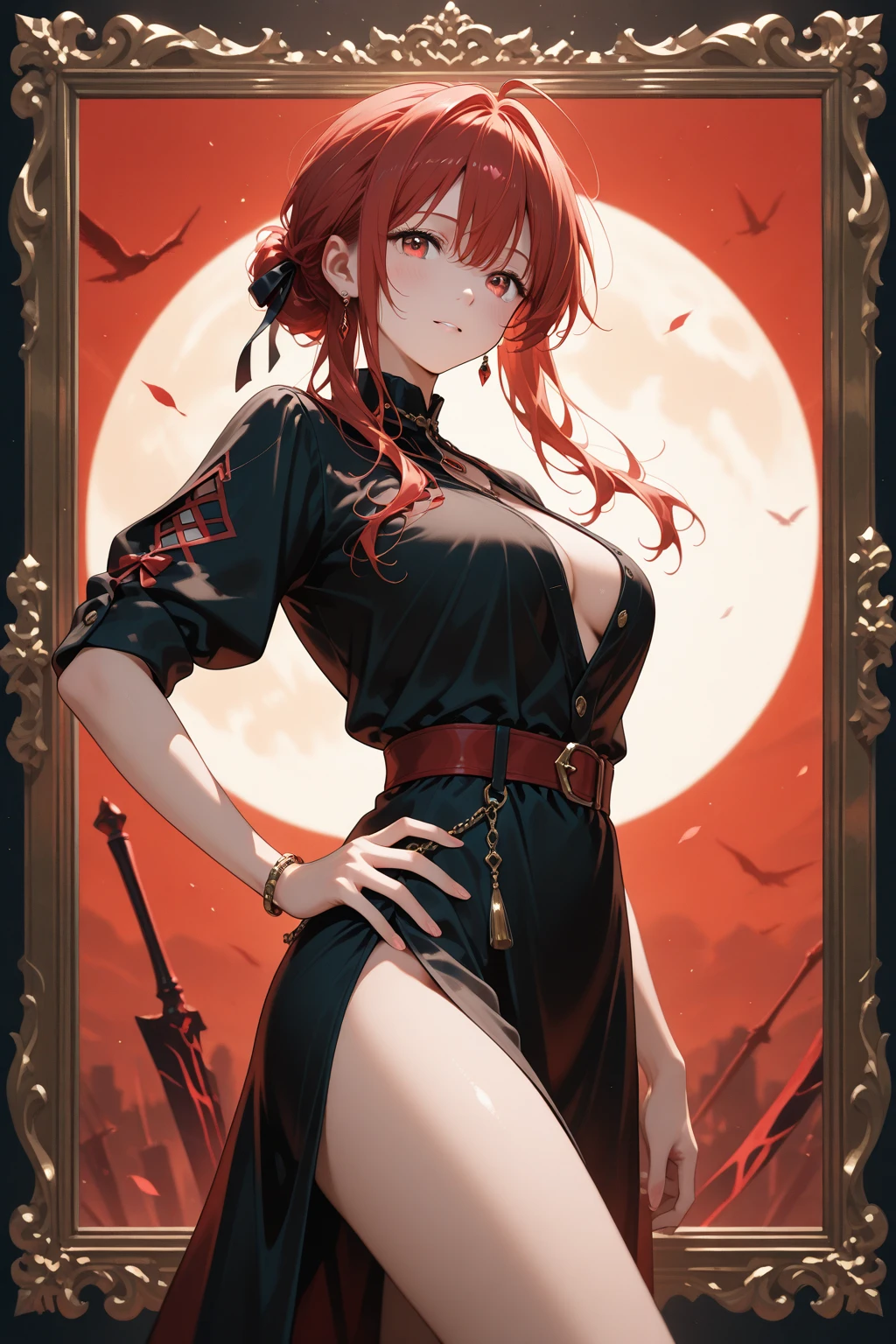 (masterpiece, highres, high quality, very aesthetic, intricate details, super detailed skin, ideal ratio body proportions),front view, upper body, breast focus, newest, 1girl, large heavy breasted anime girl with red hair , 1girl, monster girl, sekiryuu(kemono friends),(Oriental dragon girl:1.5), breasts, solo, thick thighs,(red dragon tail:1.5),(deer horns:1.5),((red hair)), Fluffy Bob Cut, straight perm hair, medium hair, shiny hair, red eyes, armpits, arms behind head, huge breasts, thicc, gleaming skin, oil, seductive grin smug, skindantation, white cropped shirt, dress shirt, tied blouse, sleeveless_shirt, red short necktie, loose necktie, red fingerless_gloves, navel, underboob, midriff, very micro black shorts, red belt, black garter straps, black lace garter, red thighhighs, fishnet tights, white background, simple background, looking at viewer, alternate breast size, in front of the viewer, hands behind back,underboob, shirt,dragon, long,fishnets,pantyhose