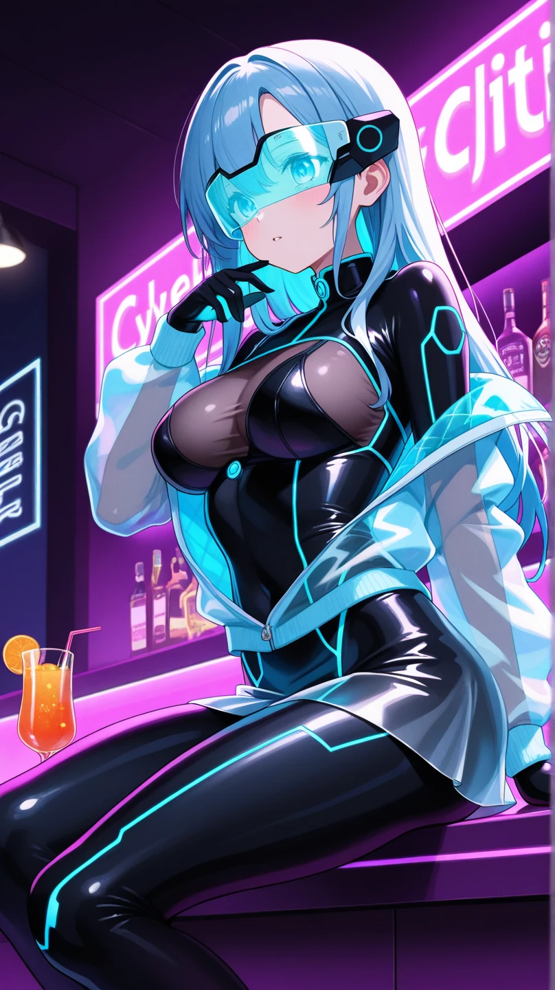 women, White bob Haircut, White blunt,blue eyes, Green crop latex jacket, Green latex Corset, big breast,Gold beld, white Jeans, black long boots, standin in the Night Club bar