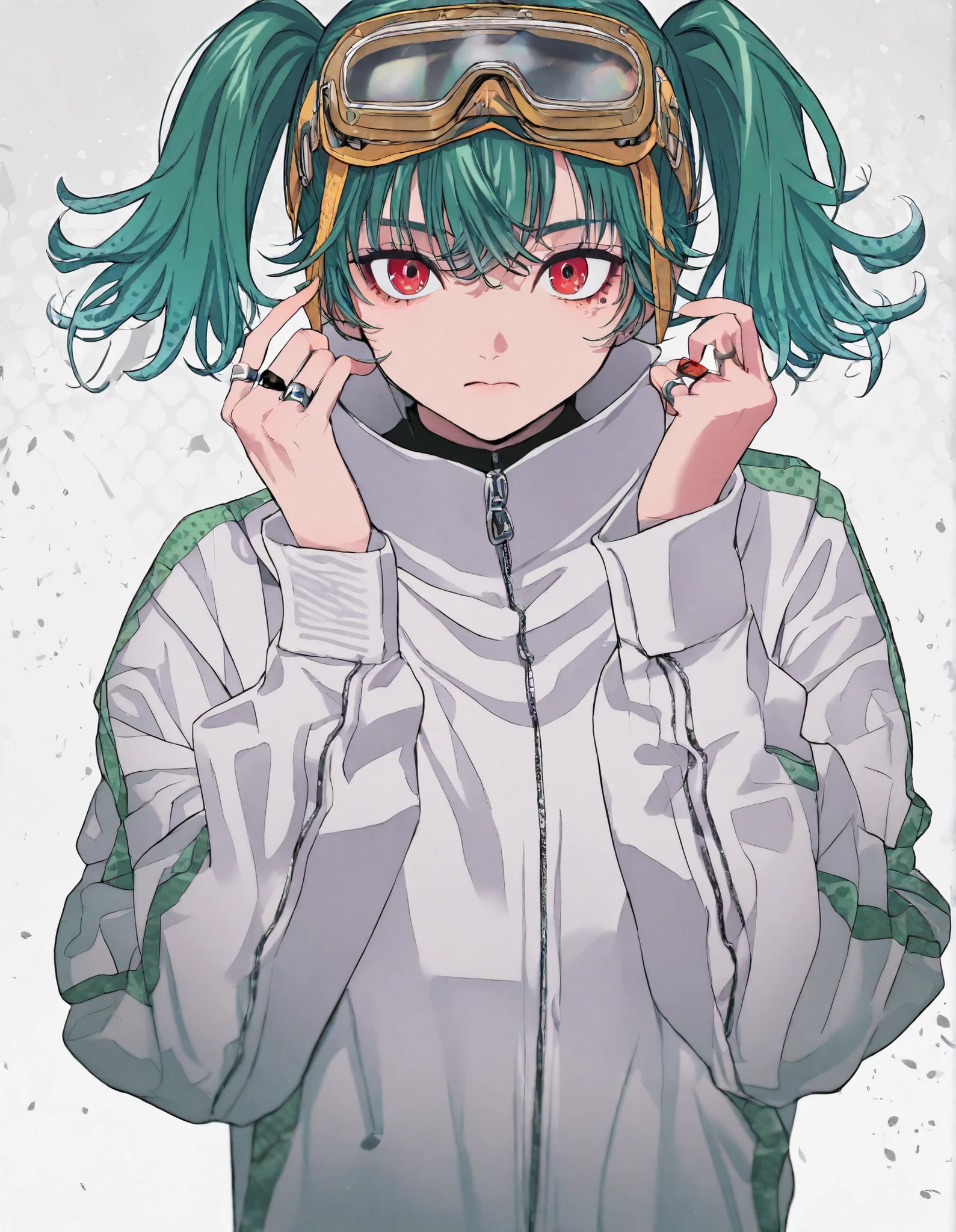 masterpiece, Newest,very high resolution, incredibly very high resolution,4ki4k4ne_illustrations, halftone, overview background, overview,depth of field, solo, green hair, Red Eyes, ring, short hair, hair zipper, 1girl, upper body, under eye, long sleeve, jacket, Game,Wear goggles on your face,1girl,twin tail,front,icon,hair emerald green,Background red