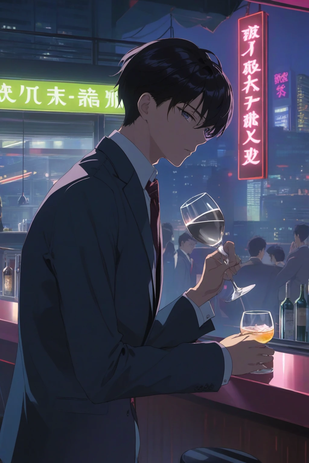 Man, Male, European, 30 years old, Short hair, Calculate appearance, Youth clothing,frontage,Holding a wine glass in his left hand