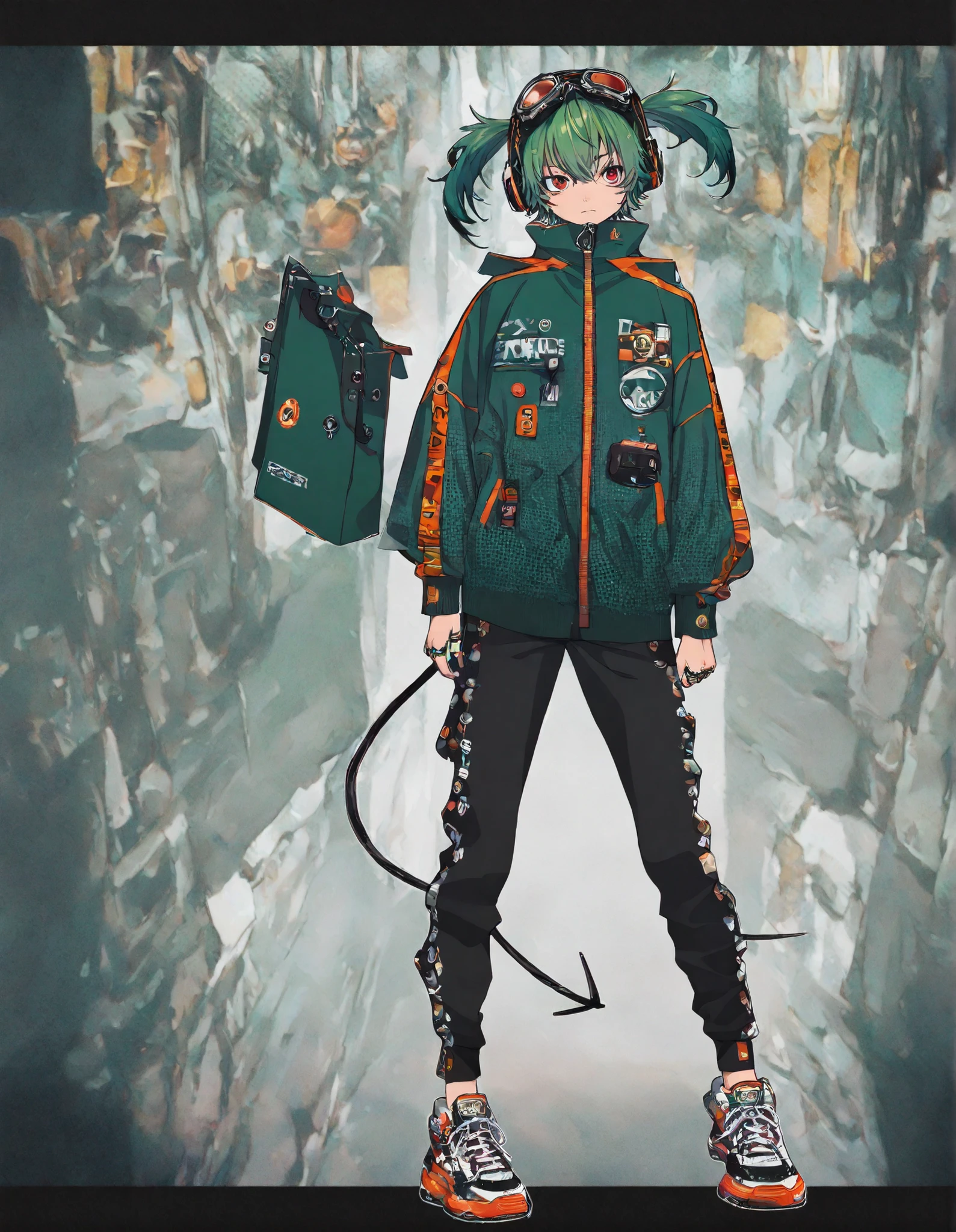 masterpiece, Newest,very high resolution, incredibly very high resolution,4ki4k4ne_illustrations, halftone, overview background, overview,depth of field, solo, green hair, Red Eyes, ring, short hair, hair zipper, 1men, Full Body, under eye, long sleeve, jacket, Game,Goggles,twin tail,front,icon,hair emerald green,headphones,Gameコントローラー