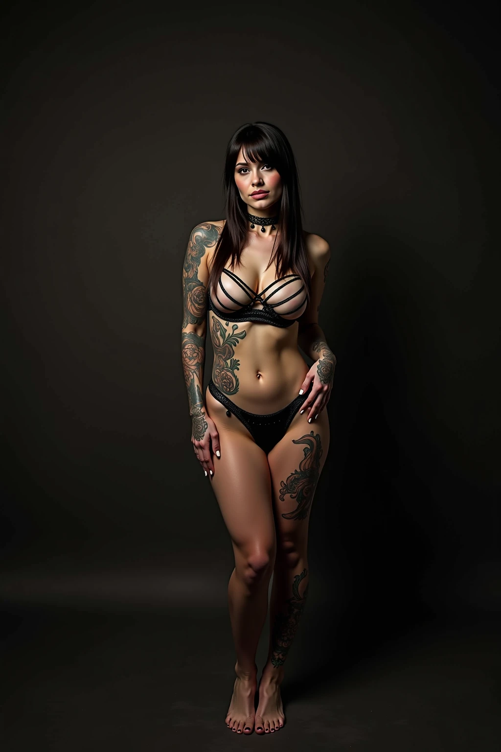 Woman sitting on a chair in a room with a brick wall, tattooed pinup, bare chest, big pectoral muscles, pale skin, pulled down pants, short black hair, ((young)), rockabilly style, pinup style, glamour photography, portrait shot, rockabilly, pinup pose, photo shoot, by Wayne England, photo from a promo shoot, pin-up, retro pinup model, glamour shot, pin-up,