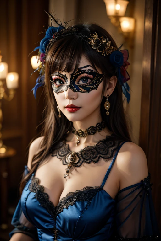 (woman in a masquerade party,elegant venetian mask,intricate costume,beautiful detailed eyes,beautiful detailed lips,extremely detailed face,highly detailed mask,moody bar interior,chiaroscuro lighting,dramatic shadows,cinematic,4k,8k,highres,masterpiece:1.2,ultra-detailed,realistic,photorealistic:1.37,rich colors,refined color palette,captivating)