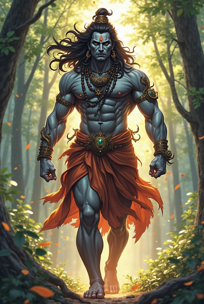 Lord Shiva in Rudra avatar, centerpiece of an ancient forest, trees contorting from strength, skirted by kinetic lines of divine energy, serpent coiled around neck, garments swirl with supernatural swiftness, cosmic energy imbued facial expression, tangled bushes at base, eyes sharp as drawn arrows, filtered light through the leafy ceiling casting dramatic shadows, digital painting, hyper-realistic, dramatic lighting, ultra hd,