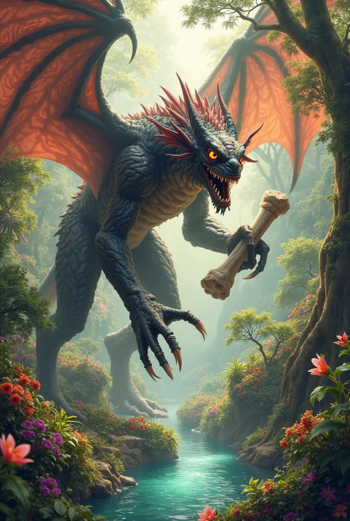 Flying monster with giant shin bone in paradise garden - SeaArt AI
