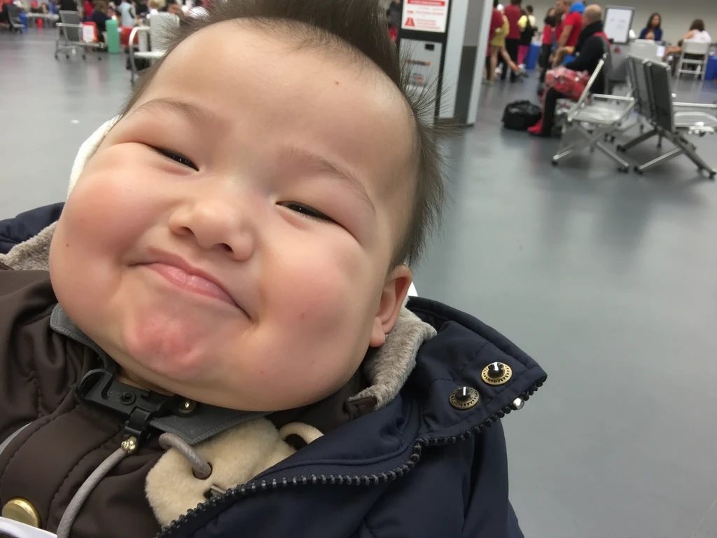 Baby costume, Japanese man, fat, 60 years old, big eyes, protruding eyes, nostrils pointing upwards, misaligned teeth, broken teeth, on an airplane