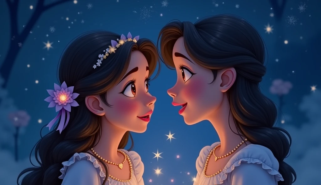 a beautiful woman with long black hair, detailed facial features, serene expression, reflecting in a mystical, spiritual dimension, disney-style fantasy realm, pulsating glow of light beings in a starry night sky, blue and golden ethereal lighting, magical glowing stars, enchanting atmosphere, masterpiece, 8k, ultra-detailed, photorealistic, vivid colors, cinematic lighting