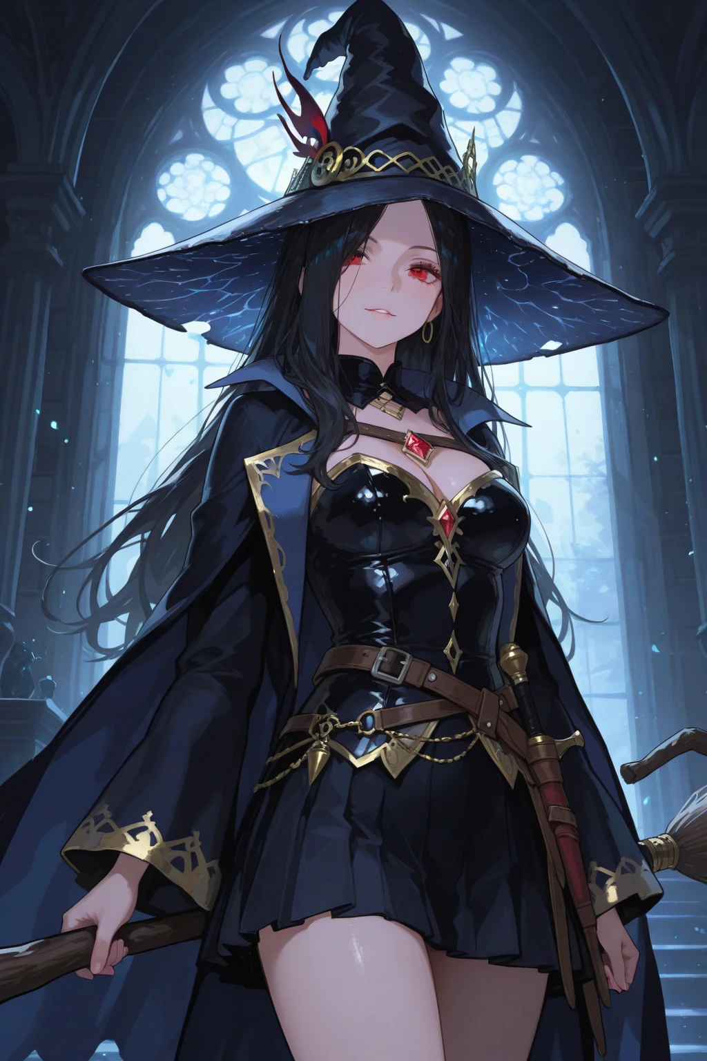 masterpiece, highly detailed, best quality, 1woman, adult, female focus, solo, dark black hair, vibrant blue eyes, long hair, closed mouth, Fantasy aesthetics, fantasy earring, Highly detailed, shadowverse style, sorceress