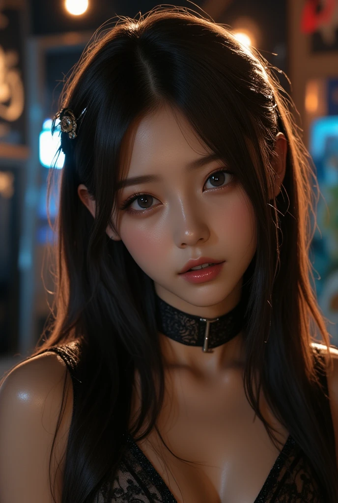 An anime girl posing for photos on a blurred dark background f1.2. Masterpiece, ( Girl Makes Ultra Realistic Cosplay Of A Sexy Anime Character) ultra HD, 8k, photography style, sexy, 100% realistic textures. Cool colors like movie at night,  cinematic, best quality, professional realistic photography style. 