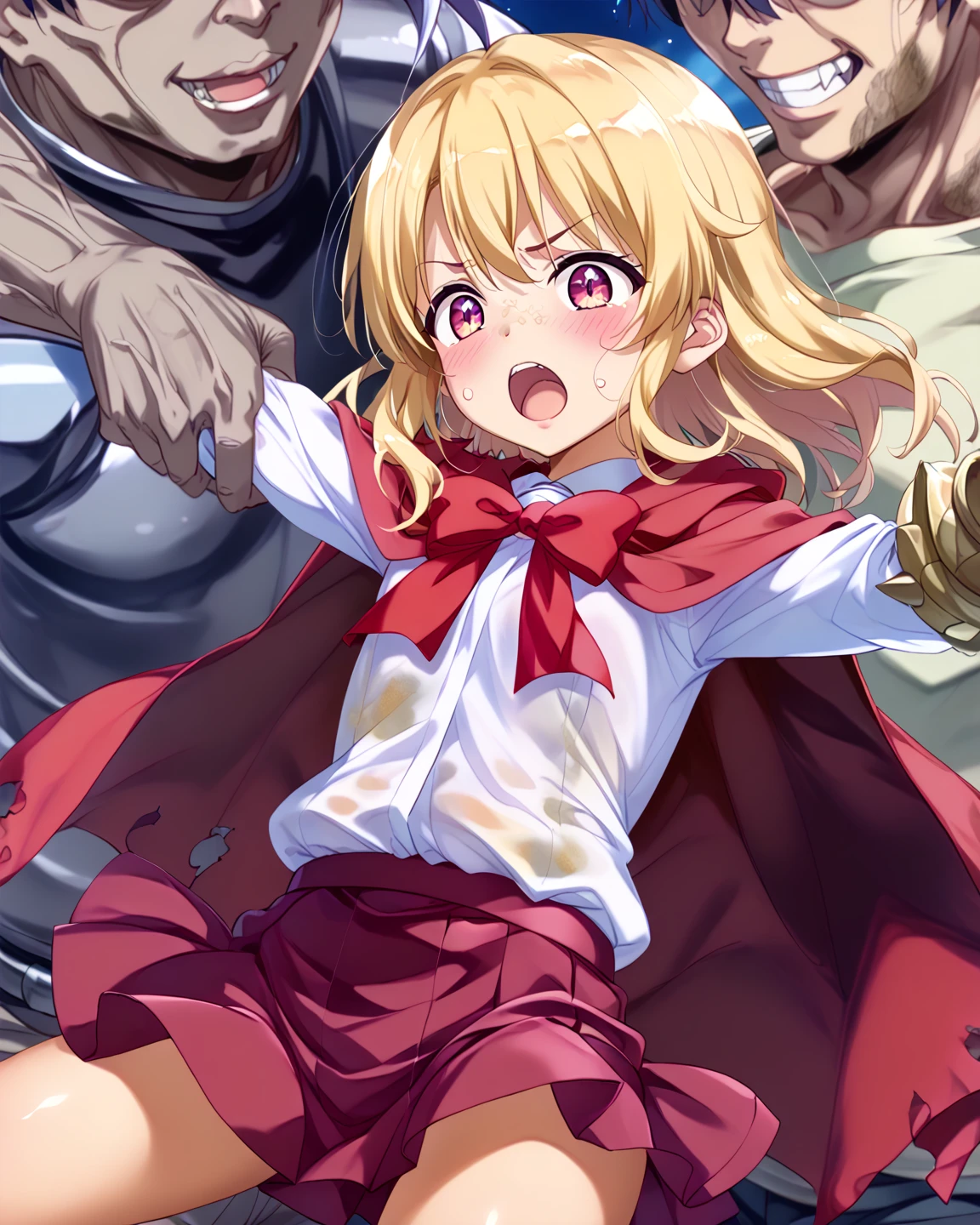 A woman is punched in the stomach with full force, causing her nose to run and drool.、A high school girl with a swollen belly smiles and drips snot while getting sexually excited