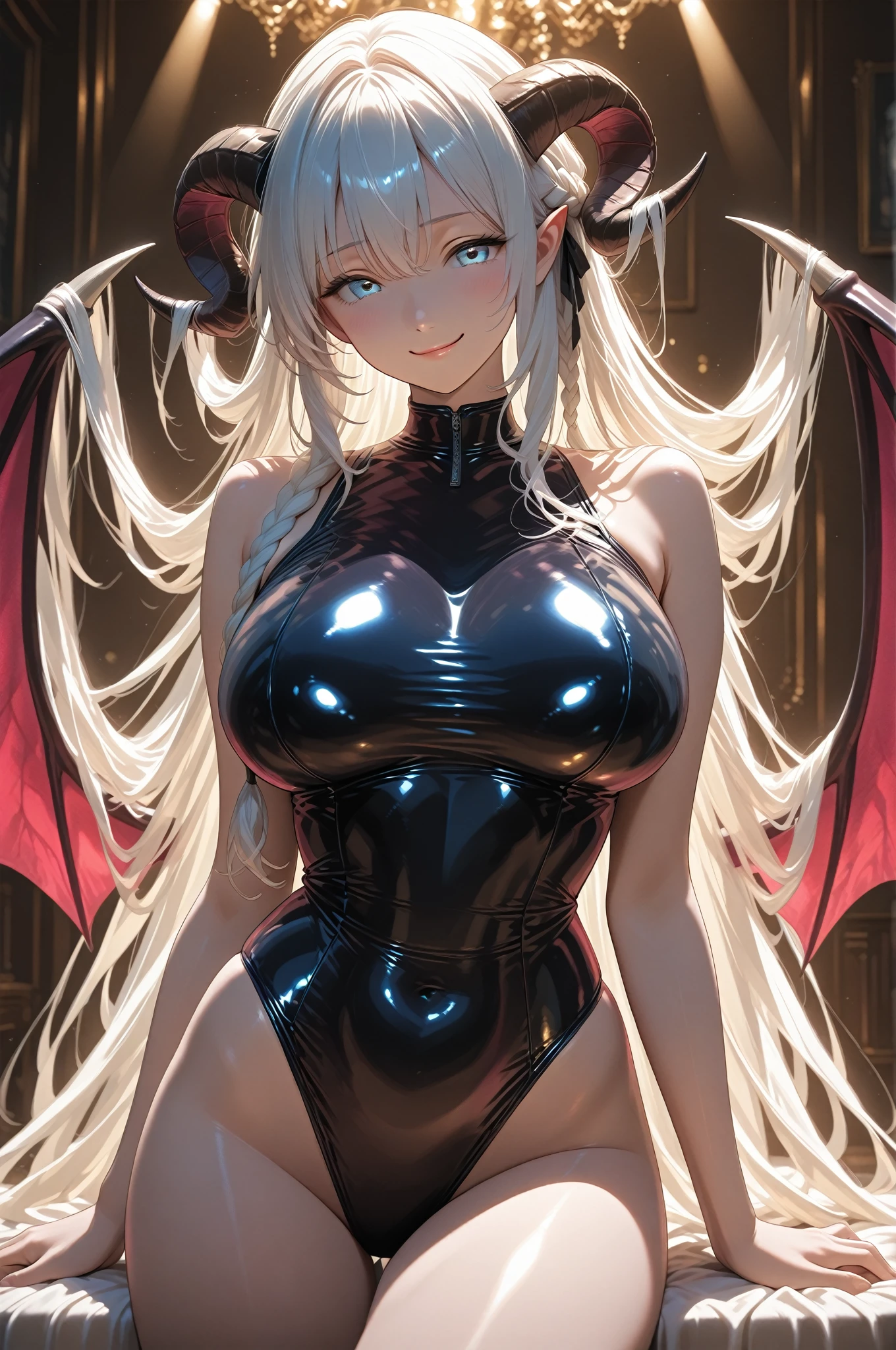 ((Masterpiece, Best quality)), (1girl), (Single), (Feminine focus), (ahoge, Ash blonde hair, long hair), green eyes, Arms behind the back, Bat wings on waist, Sheep horns, shy eyes, Cold facial expression, Sexy look, Long, dark, tight clothing, Pale skin, Hue, Dark illustration, Maximum quality, radiant, Very detailed, ultra-Detailed face, Ultra HD 8K, Super digital, legendary, Dark lightning, Perfect face, Beautiful, (Perfect configuration: 1. 4), Detailed face and body, Award-winning photography , fields, Detailed face, Detailed hands, Looking at the viewer, Cinema lighting, embers, Fictional background, Water spray, Misty fog, (A virgin who loves sex) Hentai, big breasts, wife, wet tongue