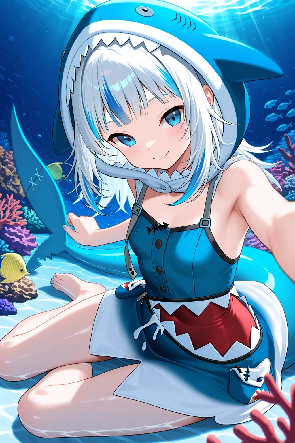 best quality, highly detailed, detailed background, mermaid, monster girl, female, blue hair, hair pin, pointy ears, scales, gills, tube top, shirt, brace, fangs, sharp face, fins, (wings:0.7), sea floor, fish, scuba gear, underwater