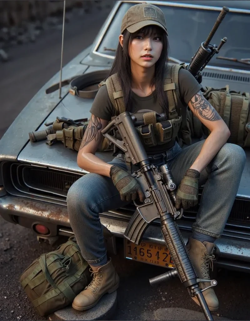 Photorealsitic、realistic skin textures、automatic rifle、