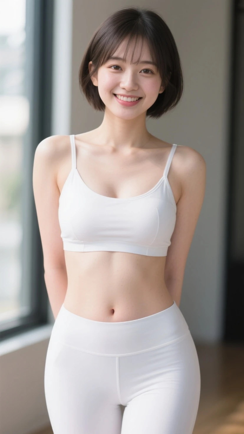 (((White Sports Bra、White sports panties)))、((top-quality、foco nítido,8K分辨率、Master masterpiece))、(((Short bob cut、Real and cute Japan sister,bbw、独奏、single body)))、elementary student、10yaers old、tiny chest, is standing、Standing Pose、A smile、Shot in the studio