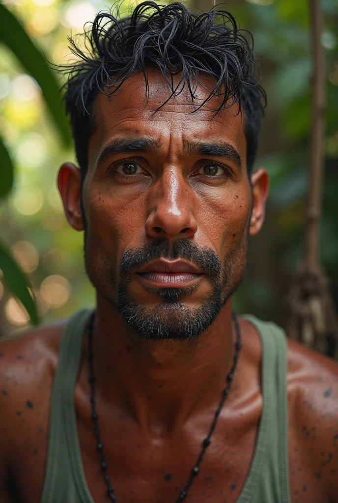 A dystopian future in Colombia where AIs win and there are few natural resources left. A human man with brown eyes, long and angular face, black fur, tez morena. Wear a worn-out, snug-fitting pajama that covers their skin.. She has a devastated face