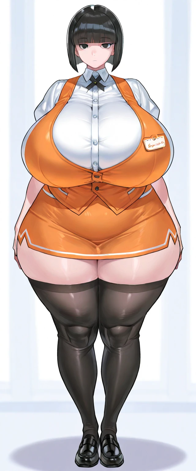 full body photo of a beautiful sexy secretary wearing extremely short skirt and seamed stockings, stands_straight, ((solo)), adult, in the office, high heels, craves sex, strokes_herself, huge belly, massive belly, giant belly