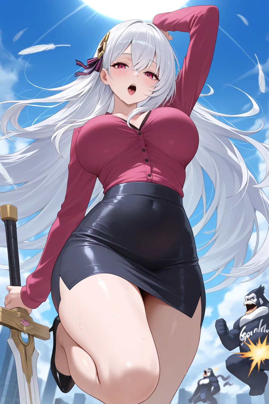 (masterpiece, best quality), front view ,(1girl), outstretched arms, , (mature female, feminine face, beautiful face, solo, sweater, jacket, boots, skirt, thighhighs <lora:Clothing Autumn Dress code by EDG:0.7>, large breasts, medium hips, thick thighs), fair skin, skinny, white eyes, long hair, white hair, surprised, (japanese shrine, temple)

<lora:Style Taigerarts TWO by MockAi:0.8>
