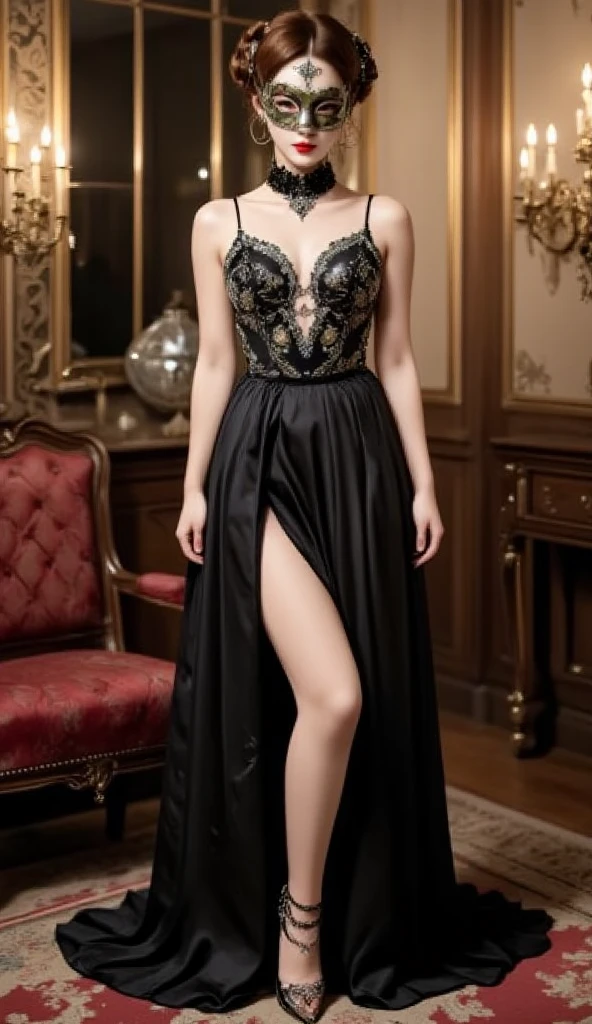 Best quality, high resolution, masterpiece: 1.3), a tall and beautiful woman, (dark brown short hair: 1.2), wearing pendant, pouf dress, black and red wedding dress fashion dress design "haute couture" fairy charming fantasy fantastic theme black embroidery with some ruby red details embroidered frills, red and black, layers. Dark mode of layers, layers, layers, evil, stars, moon, fog and wind, without any pose, standing (background is in the living room at home), beautifully presented details in face and skin texture, detailed eyes, double eyelids, smiling,(Full Body),(cute face:1.3),(huge breasts:1.3),(high-heels:1.3),(big hips1.3),(medium thighs:1.3),(Random Dress from haute couture :1.3)