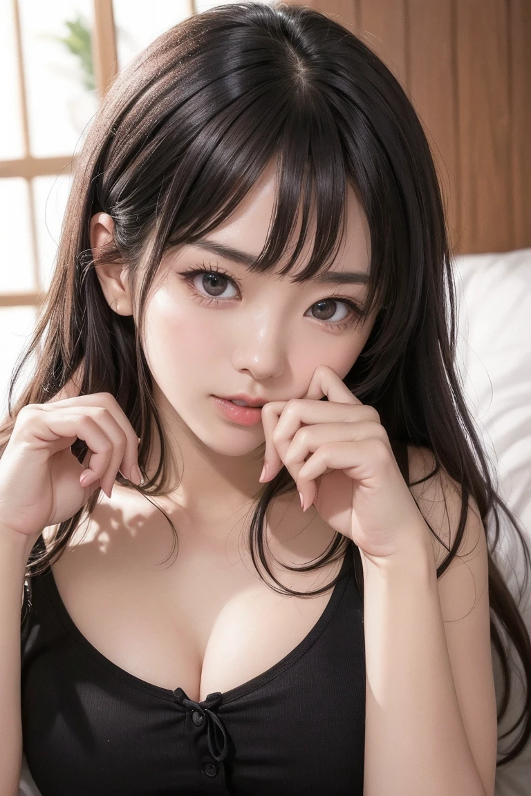 ((highest quality)), ((masterpiece)), (detailed),(nsfw),Vivid、Photorealistic、On a cute pink bed、cute、beautiful girl、Japanese、16 years old、Long Hair、Hair tied in a ponytail、underwear、camisole、Navy blue pleated skirt、Lying on your back、Climax face