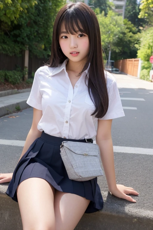 ((Best of the highest quality, 8k, Masterpiece: 1.3, raw photo)), Sharp focus: 1.2, (1 AESPA girl: 1.1), (Solo: 1.18), (realistic, photo-realistic:1.37), face focus, cute face, finely eyes, (Small breasts, flat chest, Thigh: 1.3), (school uniform, check skirt: 1.42), short messy hair, updo, (Roll up the skirt: 1.2), (Lift skirt hem), (Lifting skirt while standing to show off panties to us: 1.4), garden, flower,