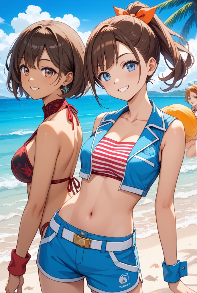 masterpiece, Highest quality, High resolution, Gloria1, 1 Girl, Gloria\(Pokémon\), Brown Hair, , Brown Eyes, , Short Hair, , Bobcut, bangs, , 　１Describe a girl carefully　１Girl　smile　blush　Open Mouth　blush　beach　Ocean　Sexy Bikini