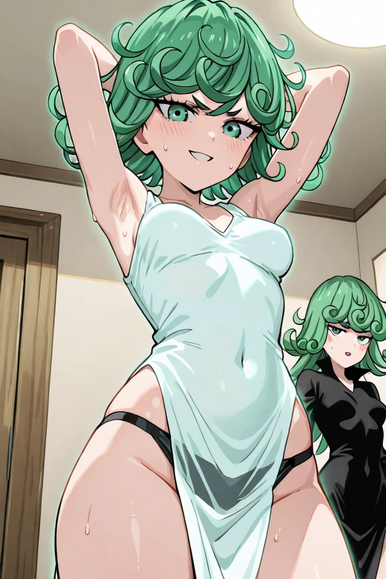 Tatsumaki,wavy hair,green hair,slutty face,alone,small breasts,Wear sexy sailor suits,inside the bedroom,masturbation,And the shape of the female genitals is clearly visible,There are deep lip marks on the panties,Put your hands in panties,The panties are wet,the body is wet,sweating,orgasmic,Desire for dissatisfaction,White socks,There are sperm flowing between the thighs,The mouth is full of sperm,bend over,back view