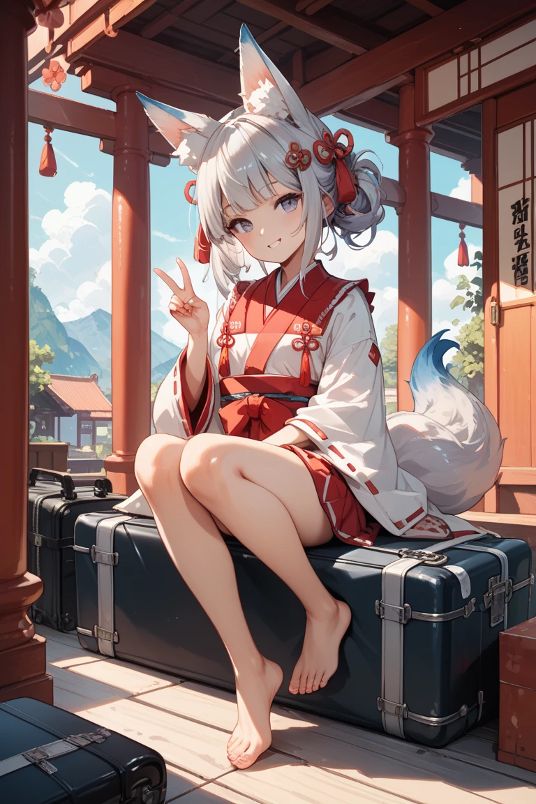 anime shoujo,Gray Hair,Red eyes,uniform, Thin legs,Completely naked、fox、shrine maiden costume、shrine
