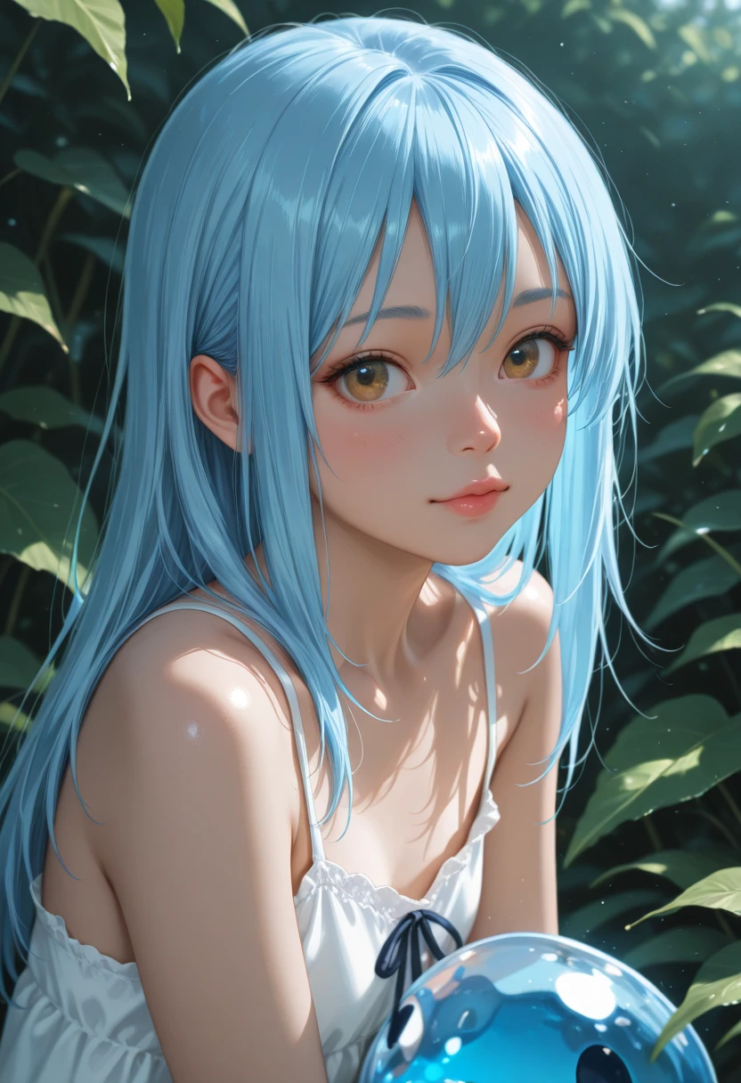 (Masterpiece: 1.2, Best Quality), Realistic, (Realistic Picture, Complex Details, Depth of Field), Best Quality, Masterpiece, Highly Detailed, Semi Realistic, 1 Girl, Rimuru Tempest, Rimuru, femboy, solo, blue hair, long hair, yellow eyes, perfect face, perfect anatomy, beautiful background, wet clothes