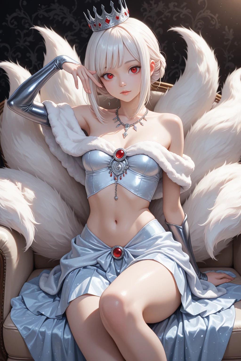 beautiful fox spirit, 1girl, fluffy ears, Bangs, white hair, beautiful face, perfect anatomy, ABS, bikini in intricate silver armor, Forest, Anime style, cgsociety, dramatic, cinematic lighting, fine expression, fine detail, a digital fantasy painting by Yusuke Murata.